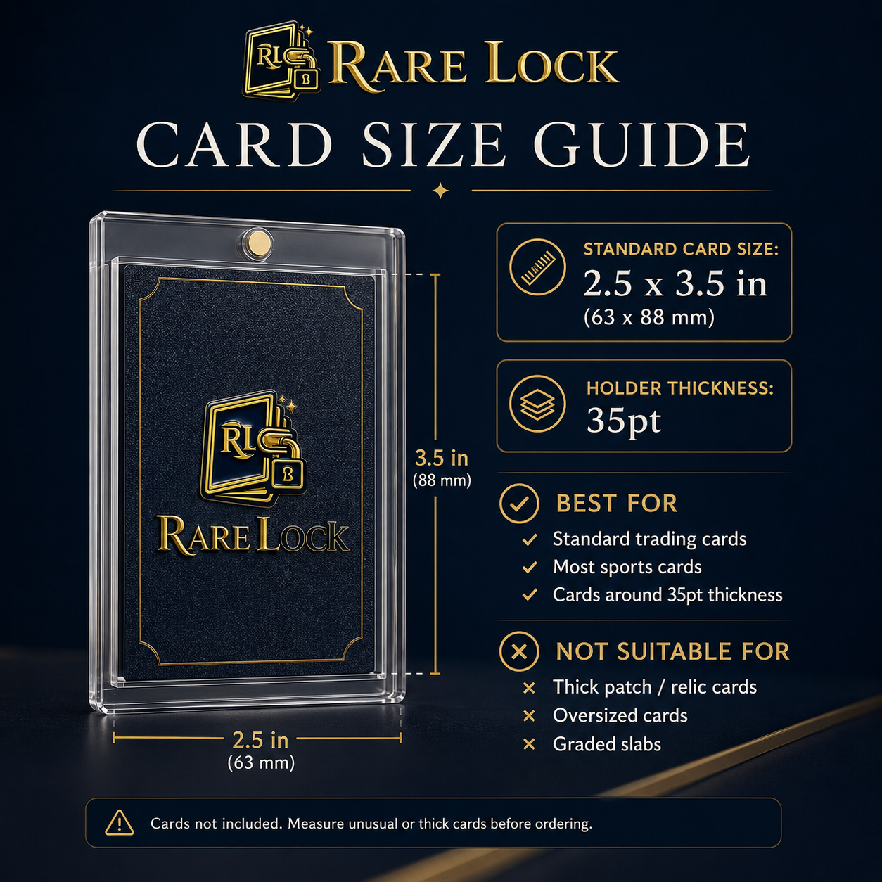 Rare Lock card size guide for standard 2.5 by 3.5 inch 35pt cards
